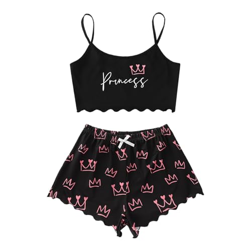 Damen Cami Schlafanzug Set Spaghettiträger Crop Top Short Sets Süßer Pyjama Set Sommer Schlafanzüge Schlafi Nachthemd von Generic