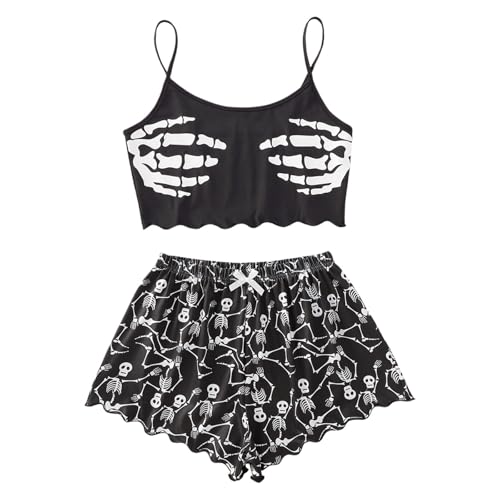 Damen Cami Schlafanzug Set Spaghettiträger Crop Top Short Sets Süßer Pyjama Set Sommer Schlafanzüge Schlafi Nachthemd von Generic