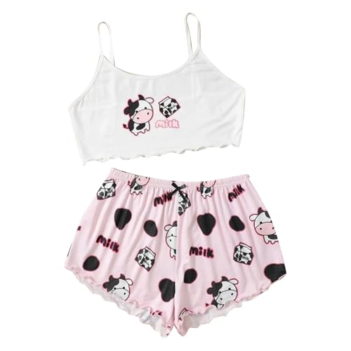 Damen Cami Schlafanzug Set Spaghettiträger Crop Top Short Sets Süßer Pyjama Set Sommer Schlafanzüge Schlafi Nachthemd von Generic