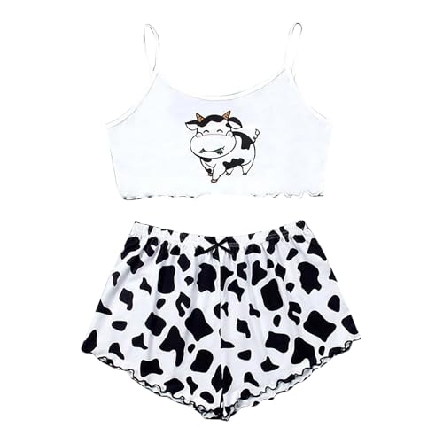 Damen Cami Schlafanzug Set Spaghettiträger Crop Top Short Sets Süßer Pyjama Set Sommer Schlafanzüge Schlafi Nachthemd von Generic