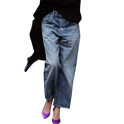 Damen-Capri-Jeans mit weitem Bein für hohe Taille, Stretch, bauchige Denim-Caprihose, elegante Hosen, geschnittene Jeansröcke, lockere Passform, modische Hose, blau, 44 von Generic