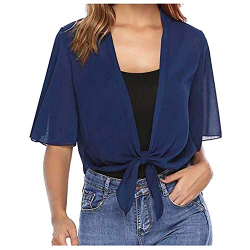 Damen Cardigan Chiffon kurzärmelig kurzes Oberteil elegant Strickjacke kurzärmelig Strandmantel Strickjacke leicht transparent Kurze Jacke Sommer Chiffon Cardigan Einfarbiger (2-Blue, XXL) von Generic
