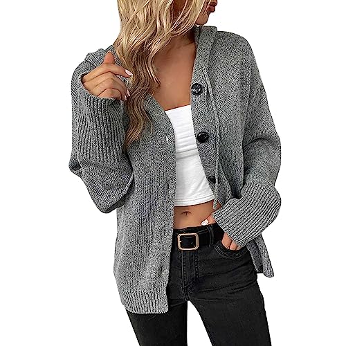 Damen-Cardigan-Pullover mit Kapuze, Knopfleiste, Lange Ärmel, übergroße Strick-Cardigans Rotes Strickkleid (new2-Grey, M) von Generic