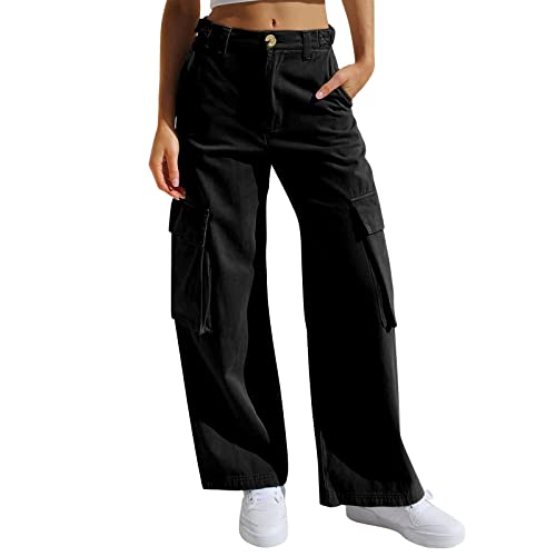 Damen Cargohose Y2k Baggy Jeans Cargo Gerade Breites Bein Denim Hosen Aesthetic Vintage Jeanshosen 90er Streetwear Jeanshose Straight Leg Pants Loose Fit Boyfriend Pants Teenager Mädchen von Generic