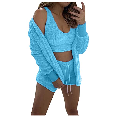 Damen Casual 3-Teiliges Set Fluffy Plüsch Pyjama Langarm Samt Kapuzenjacke Mantel + Shorts + Crop Top Mode Winter Warm Halten Trainingsanzug Anzug Damen Sommer von Generic