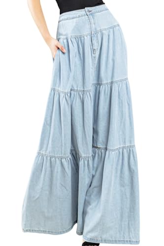 Damen Casual A-Linie Tiered Maxi Jean Rock Flowy Swing plissiert Boho Long Denim Rock (Hellblau,L) von Generic