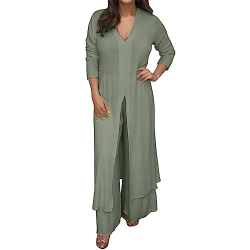 Damen Casual Plus Size V-Ausschnitt Langarm Chiffon Hemd Strandanzug Schlitz Long Top + Hose Bluse Unten Taufe Outfit 2 Teiler Damen Elegant Hochzeit von Generic