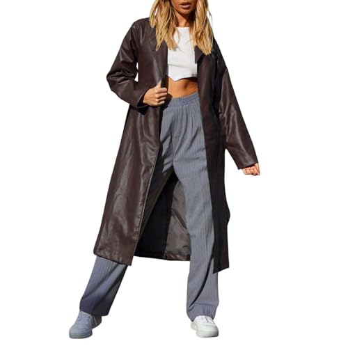 Damen Casual Revers Open Front Pu Kunstleder Langer Trenchcoat mit Gürtel (Braun,M) von Generic