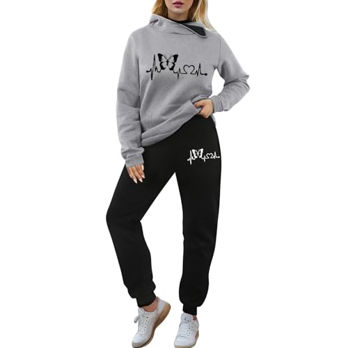 Damen Casual Sportswear Set Herzschlag Frequenz Drucken Hoodie Trainingsanzug Modische Kleidung Feier Jumpsuit Kordelzug Trainingsanzug Jogger Jogger Hosen Weich Trainingsanzug, grau, 46 von Generic