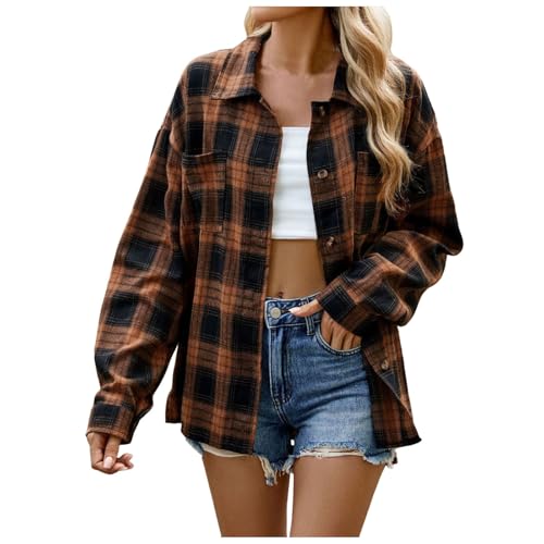 Damen Casual Übergröße Shacket Jacke Langarm Button Down Hemden Blusen Tops Cartoon Damen Bluse (Coffee, XL) von Generic