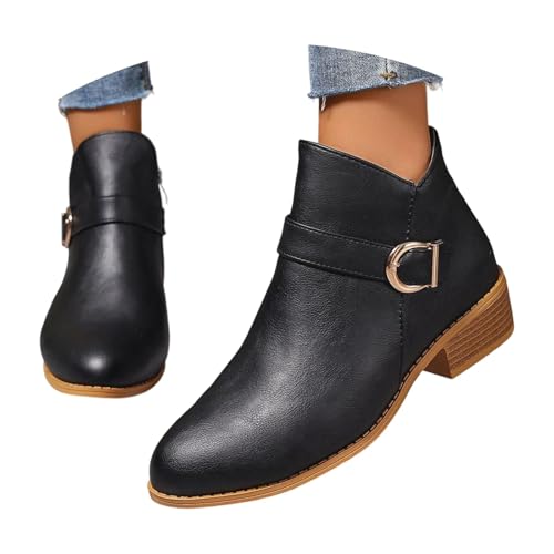 Damen Chelsea Boots zum Schlupfen Elegant, Spitze Zehenpartie mit Gürtelschnalle und Quadratischem Absatz, Seitlichem Reißverschluss, Stiefeletten Damen von Generic