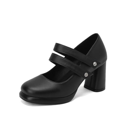 Damen Chic Mary Jane Pumps mit doppeltem Riemen Dekorative Blockabsätze Runde Zehenpartie Obermaterial aus Kunstleder rutschfeste Laufsohle Stilvolle Anzugschuhe,Schwarz,38.5 EU von Generic