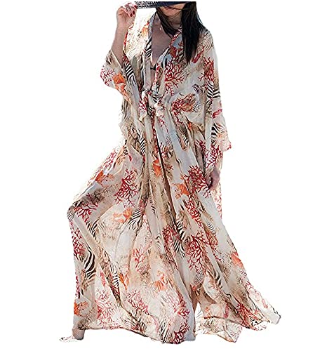 Damen Chiffon-/Rayon-Strandbluse, Kaftan, Kimono, Cardigan, lang, Bikini-Überzug, Kaftan, beige, Einheitsgröße von Generic