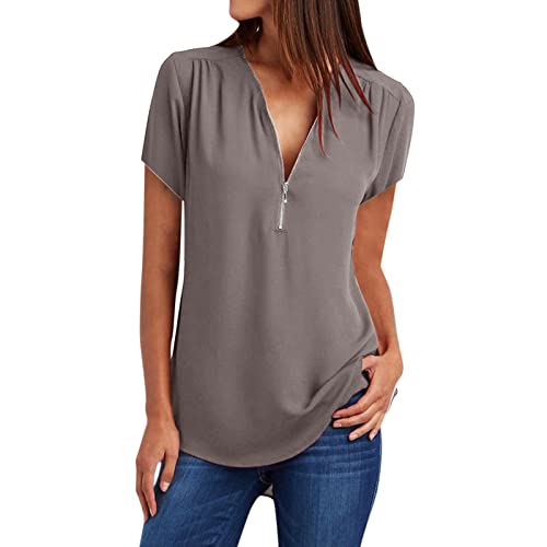 Damen Chiffon Bluse Festlich Longbluse Tunika Shirts Elegante Reißverschluss Chiffonblusen V-Ausschnitt Tops Oberteile Kurzarm/Ärmellos Hemdbluse Große Größen T Shirts für Mollige Frauen von Generic