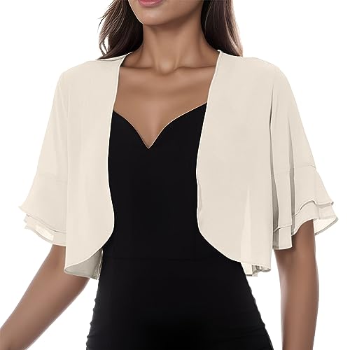 Damen Chiffon Bolero Festlich 3/4 Ärmel Elegant Shrug Top Kurze Strickjacke Cardigan Open Front Casual Bolerojacke Schulterjacke von Generic