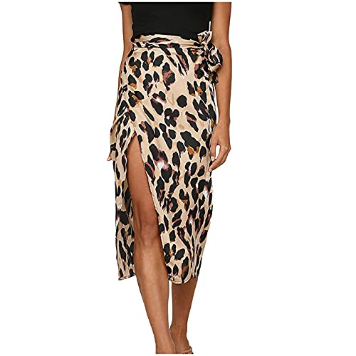 Damen Chiffon Rock Knielang A-Linie Röcke Leopard Maxirock Sommer Lang Sommerrock Lässiges Strandrock Wickelrock Basic Skirts mit Schlitz High Waist Röcke für Frauen Braun S von Generic