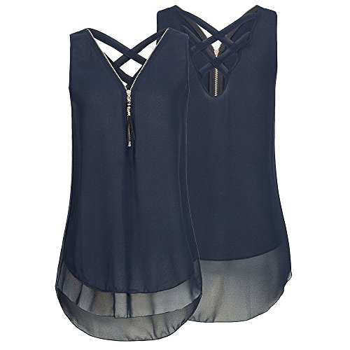 Damen Chiffon Tank Top Elegant Doppelschicht Babydoll V-Ausschnitt Ärmellos Bluse Oberteile Tops Sexy Weste Damenblusen Blusetops mit Reißverschluss von Generic