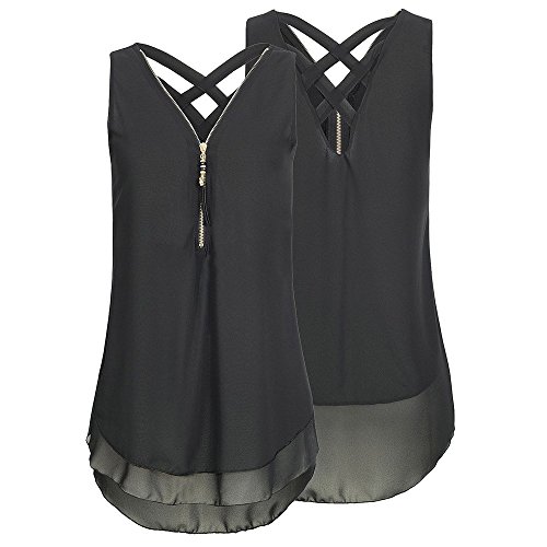 Damen Chiffon Tank Top Elegant Doppelschicht Babydoll V-Ausschnitt Ärmellos Bluse Oberteile Tops Sexy Weste Damenblusen Blusetops mit Reißverschluss von Generic