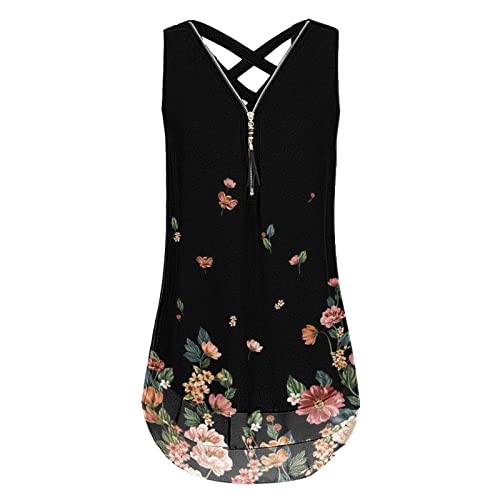 Damen Chiffon Tank Top Elegant V-Ausschnitt Ärmellos Bluse Blumen Drucken Streifen Oberteile Tops Sexy Weste Damenblusen Blusetops mit Reißverschluss von Generic