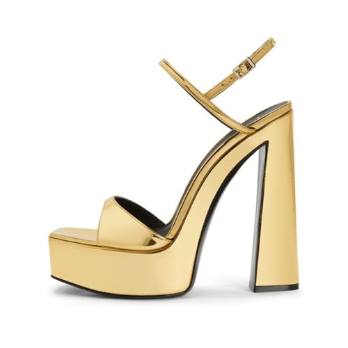 Damen Chunky Block Plateau Heels Quadratische offene Zehenpartie Sandalen mit zwei Riemen Absatz für Frauen Party Hochzeitskleid,Gold,40.5 EU von Generic