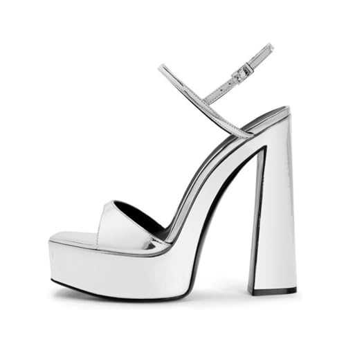 Damen Chunky Block Plateau Heels Quadratische offene Zehenpartie Sandalen mit zwei Riemen Absatz für Frauen Party Hochzeitskleid,Silber,38 EU von Generic