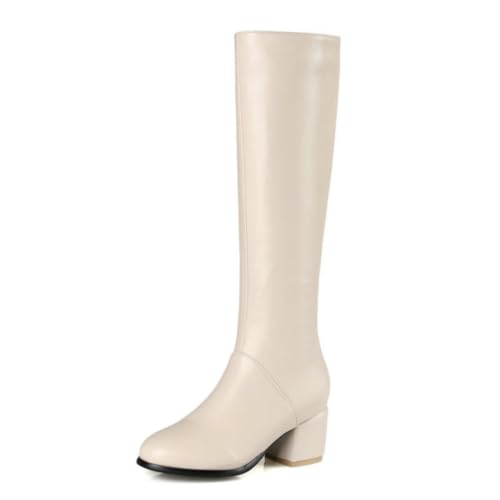 Damen Chunky Heel Kniehohe Stiefel, Kunstleder Ritterstiefel für Herbst und Winter, vielseitiger, Beige,36 EU von Generic