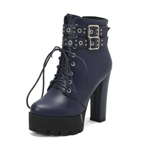 Damen Chunky Heel Plattform Stiefeletten, Schnürstiefeletten Mit Nieten Und Schnalle,Blau,42 EU von Generic