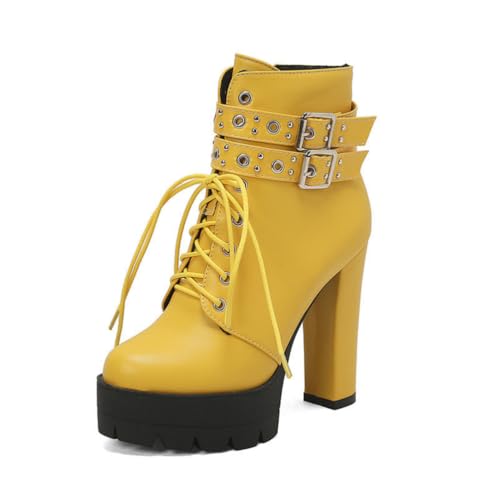 Damen Chunky Heel Plattform Stiefeletten, Schnürstiefeletten Mit Nieten Und Schnalle,Gelb,43 EU von Generic