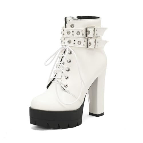 Damen Chunky Heel Plattform Stiefeletten, Schnürstiefeletten Mit Nieten Und Schnalle,Weiß,35 EU von Generic