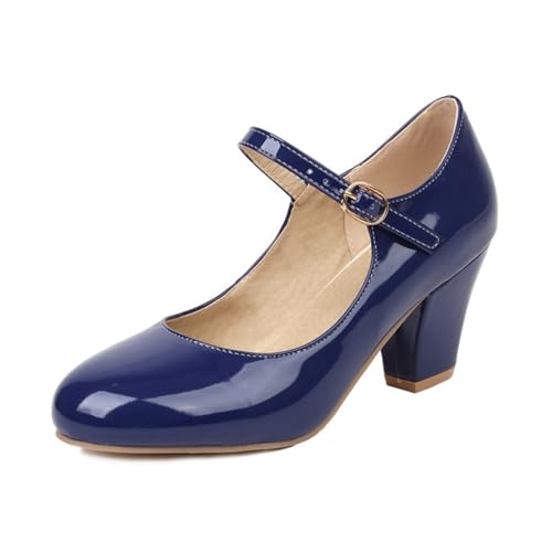 Damen Chunky Low Block Heels Runde geschlossene Zehen Pumps Mid Chunky Block Mary Jane Kleid Hochzeitsschuhe,Blau,33 EU von Generic