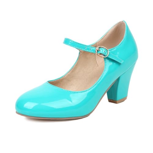 Damen Chunky Low Block Heels Runde geschlossene Zehen Pumps Mid Chunky Block Mary Jane Kleid Hochzeitsschuhe,Duck Green,36 EU von Generic