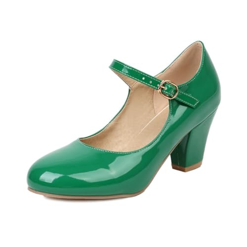 Damen Chunky Low Block Heels Runde geschlossene Zehen Pumps Mid Chunky Block Mary Jane Kleid Hochzeitsschuhe,Grün,34 EU von Generic