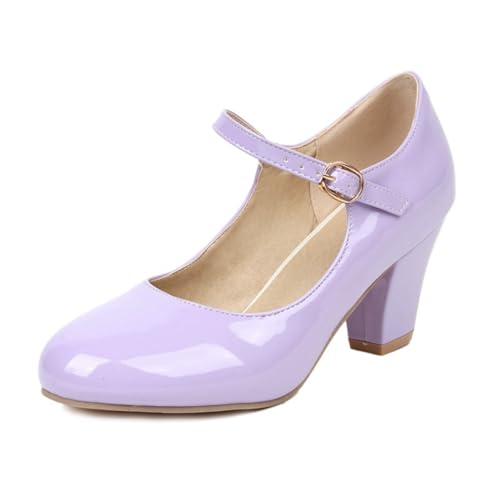 Damen Chunky Low Block Heels Runde geschlossene Zehen Pumps Mid Chunky Block Mary Jane Kleid Hochzeitsschuhe,Lila,38 EU von Generic
