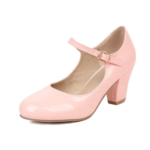 Damen Chunky Low Block Heels Runde geschlossene Zehen Pumps Mid Chunky Block Mary Jane Kleid Hochzeitsschuhe,Rosa,42 EU von Generic