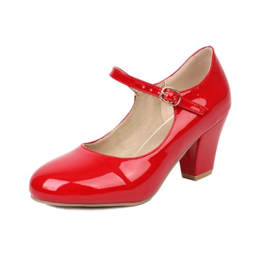 Damen Chunky Low Block Heels Runde geschlossene Zehen Pumps Mid Chunky Block Mary Jane Kleid Hochzeitsschuhe,Rot,37 EU von Generic