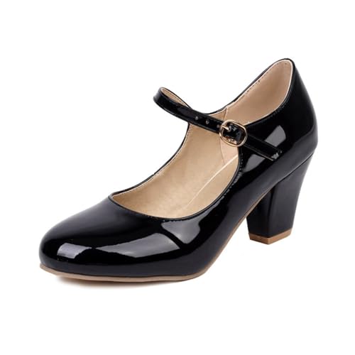 Damen Chunky Low Block Heels Runde geschlossene Zehen Pumps Mid Chunky Block Mary Jane Kleid Hochzeitsschuhe,Schwarz,40 EU von Generic