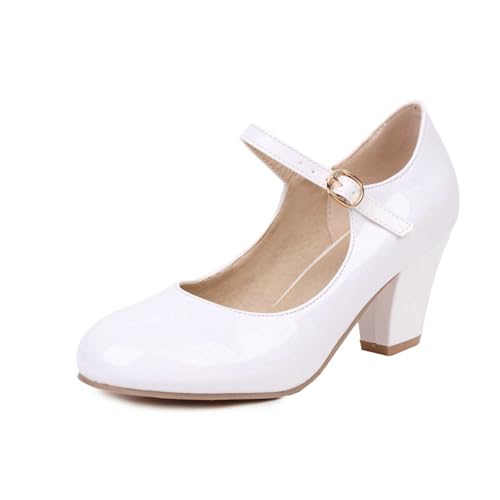 Damen Chunky Low Block Heels Runde geschlossene Zehen Pumps Mid Chunky Block Mary Jane Kleid Hochzeitsschuhe,Weiß,35 EU von Generic