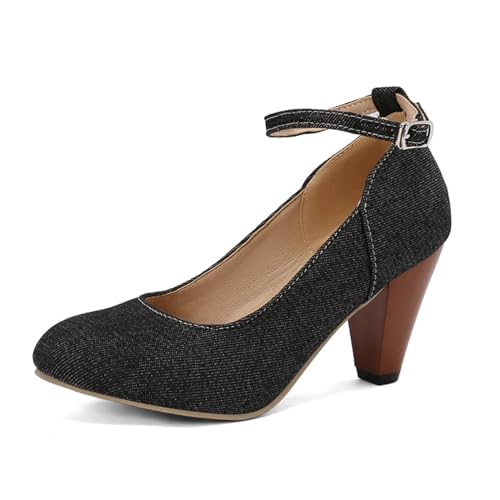Damen Chunky Mid Heel Mary Jane Schuhe Geschlossene Runde Zehe Denim Pumps Knöchelriemen Schnalle Kleid Schuhe Für Büro Party Prom,Schwarz,38.5 EU von Generic