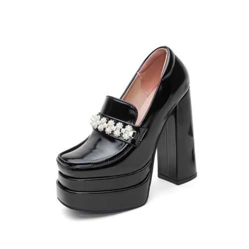 Damen Chunky Plateau High Heels Loafer Quadratische geschlossene Zehenpartie mit Strass Pumps Slip On Arbeitsschuhe,Schwarz,38.5 EU von Generic