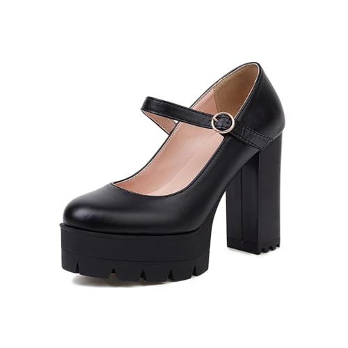 Damen Chunky Plateau High Heels Rundes geschlossenes Zehenkleid Pumps Knöchelriemenkleid Büro Freizeitschuhe,Schwarz,40 EU von Generic