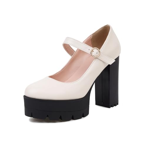 Damen Chunky Plateau High Heels Rundes geschlossenes Zehenkleid Pumps Knöchelriemenkleid Büro Freizeitschuhe,Weiß,36 EU von Generic