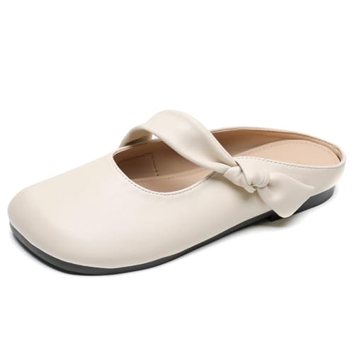 Damen Clogs Aus Kunstleder Mit Schleife Mules Slip On Ballerinas Korkbett Sandalen Slides Kartoffelschuhe Mit Fußgewölbe Unterstützung,Almond,38 EU von MiaZane