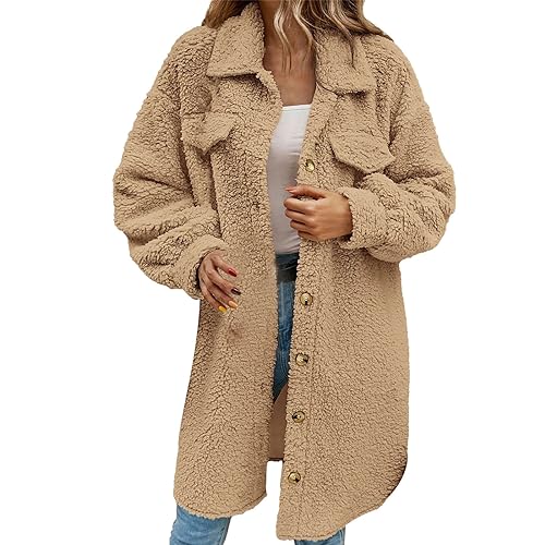 Damen Coat Winter Damen-Plüschmantel mit Knopfleiste und, lockerer, langer Mantel in Übergröße Klassischer Wintermantel Damen (Khaki, L) von Generic