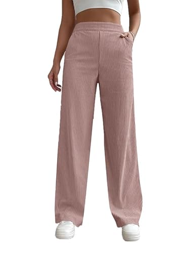 Damen Cord Gerade Weit Bein Hose Elastische Taille Casual Lose Cord Hose Jogger Hose mit Taschen von Generic