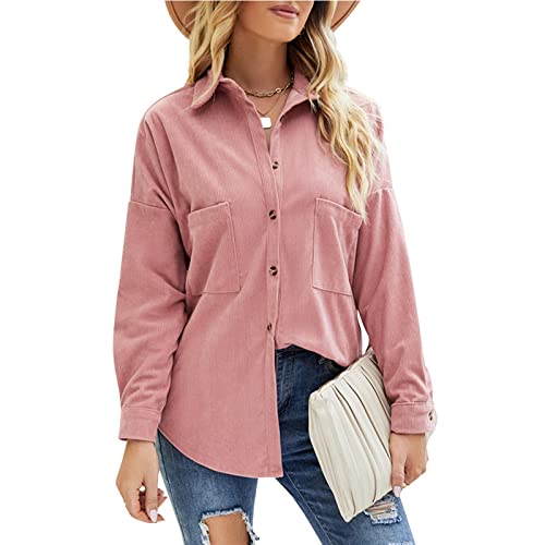 Damen Cordhemd Blusen mit Knöpfen Damen Freizeitjacke Langarm Shacket Tops für den täglichen Einkauf (pink L) von Generic