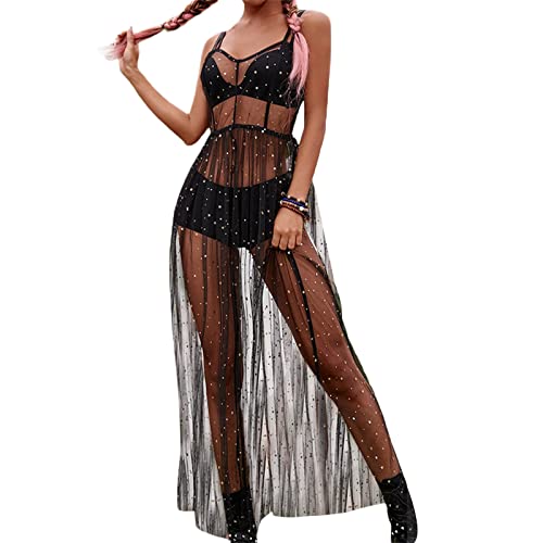 Damen Cover Up Kleid Spaghettiträger Sheer Mesh Langes Kleid Strand Bademode Geteilte Midi Strandkittel, Schwarz , X-Large von Generic