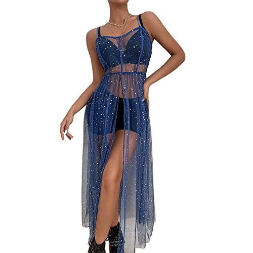 Damen Cover Up Kleid Spaghettiträger Sheer Mesh Langes Kleid Strand Bademode Geteilte Midi Strandkittel, blau, X-Large von Generic