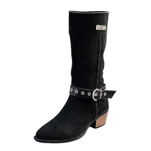 Damen Cowboystiefel aus Wildleder, Retro, spitz, Gürtelschnalle, niedriger Absatz, Western-Stil, klassisch, elegant, kurze Damenstiefel, Herbst- und Winterschuhe, Schwarz , 42 EU Damen Cowboystiefel aus Wildleder, Retro, spitz, Gürtelschnalle, niedriger Absatz, Western-Stil, klassisch, elegant, kurze Damenstiefel, Herbst- und Winterschuhe, Schwarz , 42 EU von Generic