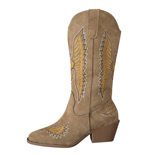 Damen Cowboystiefel aus Wildleder, Western-Stickerei, Blockabsatz, spitz, rutschfest, klassischer Stil, trendig, Herbst- und Winterstiefel, kaki, 39 EU von Generic