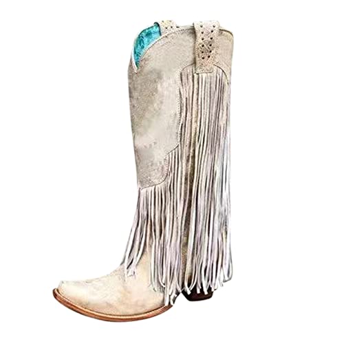 Damen Cowboystiefel mit Trichterabsatz - overknees stiefel damen weiter schaft - bikerboots fransen westernstiefel spitz kniehohe stiefel Vintage reitstiefel rutschfeste Schlupfstiefel von Generic
